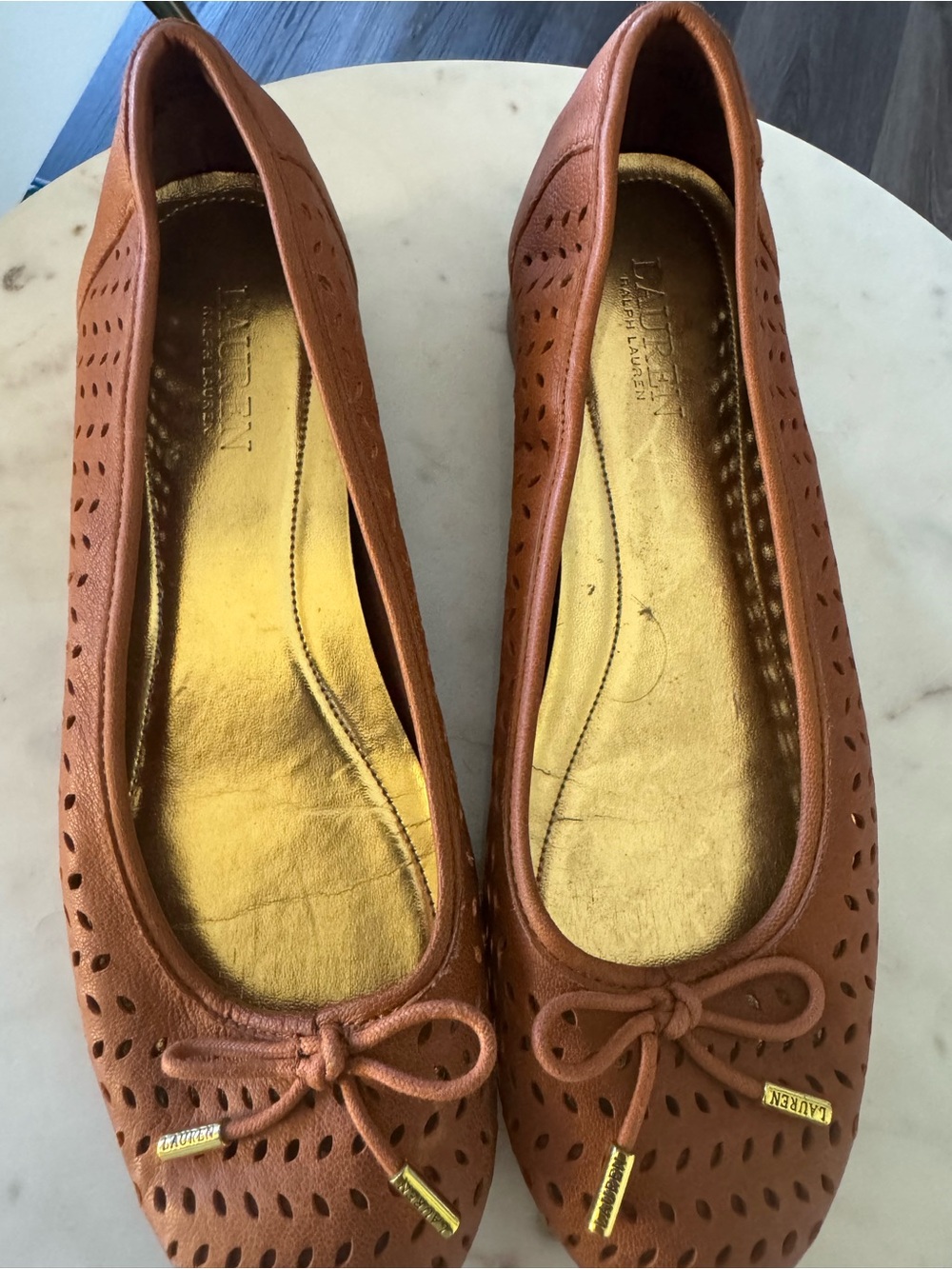 Ralph Lauren Double RL Tan Perforated Leather Ballet Flats with Gold Insole